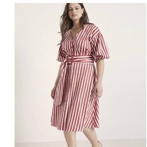 Puff sleeved striped midi dress, red and white